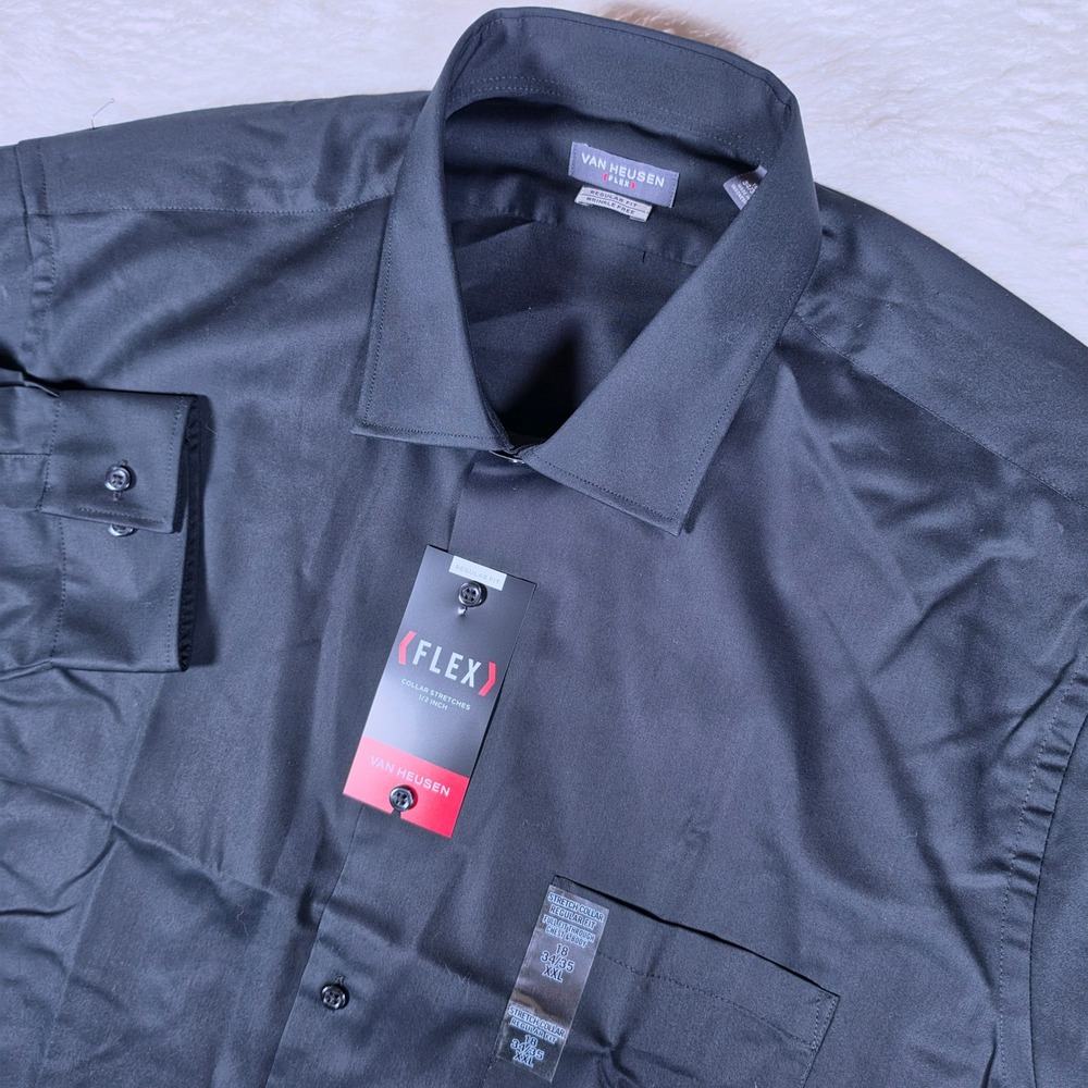 NEW Van Heusen Flex Regular Fit Mens 18 34/35 Black L/S Wrinkle Free Dress Shirt